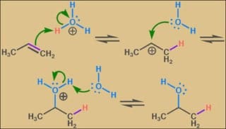 Acid-catalyzed hydration of propene.