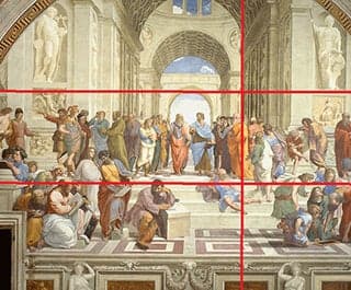 A classic painting from the 5th century shows men dressed in togas gathered on the steps together. Two red horizontal lines run parallel across the image and are intersected by a vertical red line.
