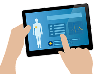 Two hands holding a computer screen showing a silhouette of a human body, a line chart, and a data field.